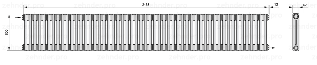 Схема (чертеж) Радиатор Zehnder Charleston 2060/53 №1670 Белый глянцевый RAL 9016